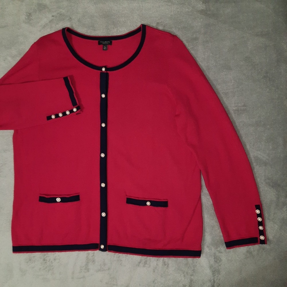 Talbots Cardigan Red Navy Trim‎ Pearl Buttons Womens PL Pockets Cashmere Blend